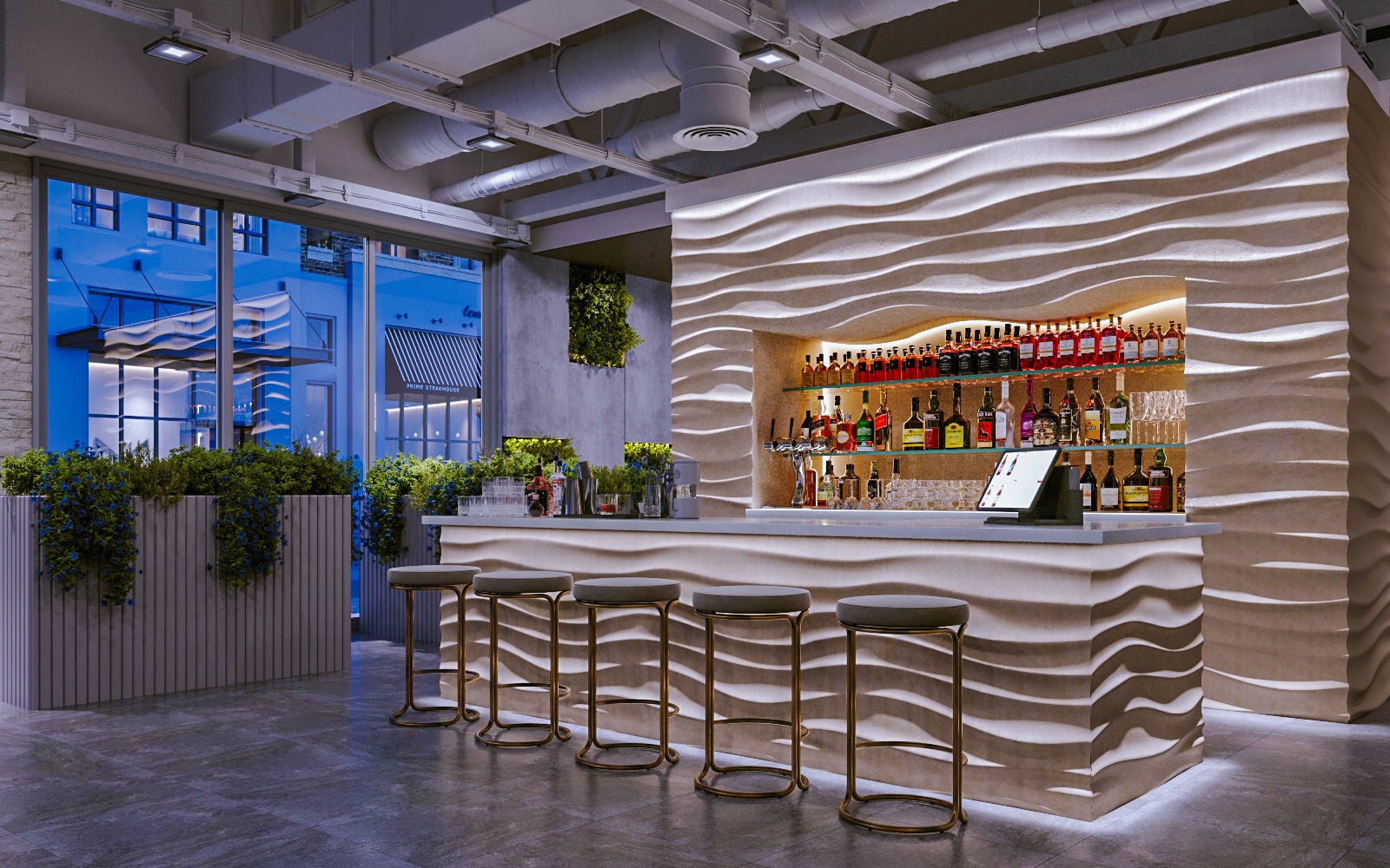 image of bar area with textured wall lit by Alloy LED FocaLine 6 wall grazer