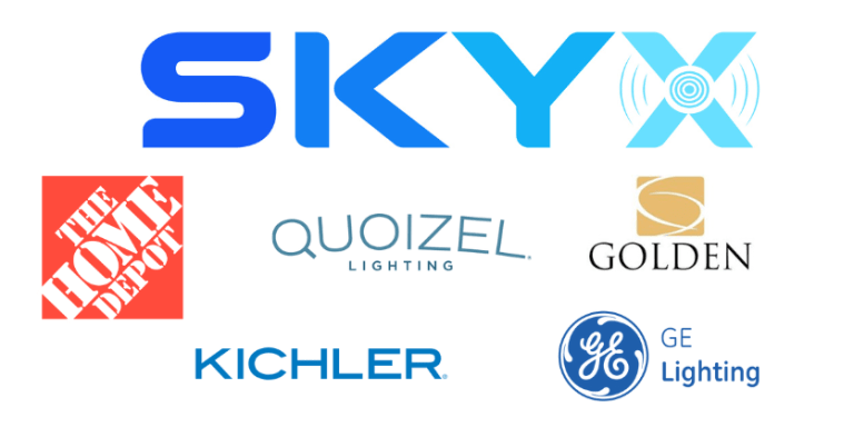 logos for SKYX Home Depot Quoizel Golden Kichler and GE Lighting