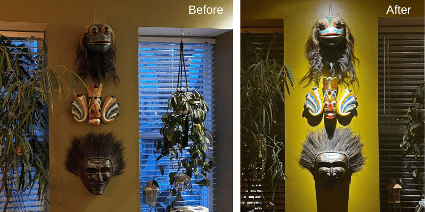 before and after images of a lighting installation